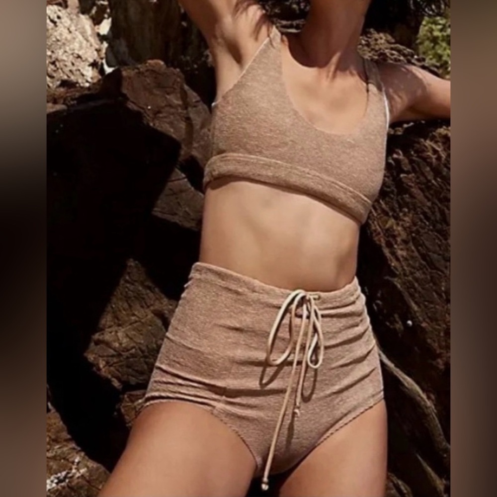 Free People X Resin Obsidian 🆕 textured Tan swim top only size small